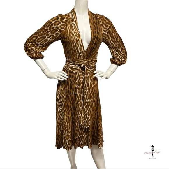 YIGAL AZROUEL Stretch Jersey Deep V Plunge Dress Leopard Ruched Sash Waist XS - Picture 7 of 15
